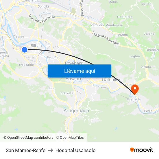 San Mamés-Renfe to Hospital Usansolo map