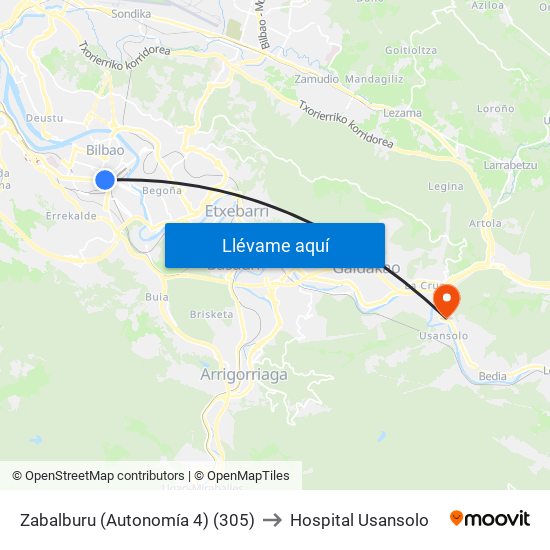 Zabalburu (Autonomía 4) (305) to Hospital Usansolo map