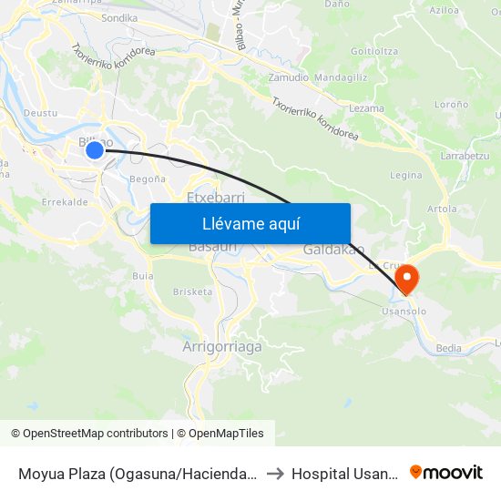 Moyua Plaza (Ogasuna/Hacienda) (896) to Hospital Usansolo map