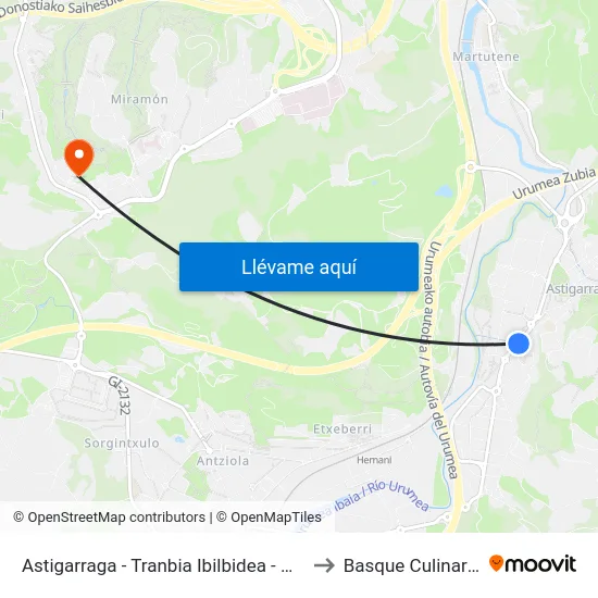 Astigarraga - Tranbia Ibilbidea - Mundarro Erreka to Basque Culinary Center map
