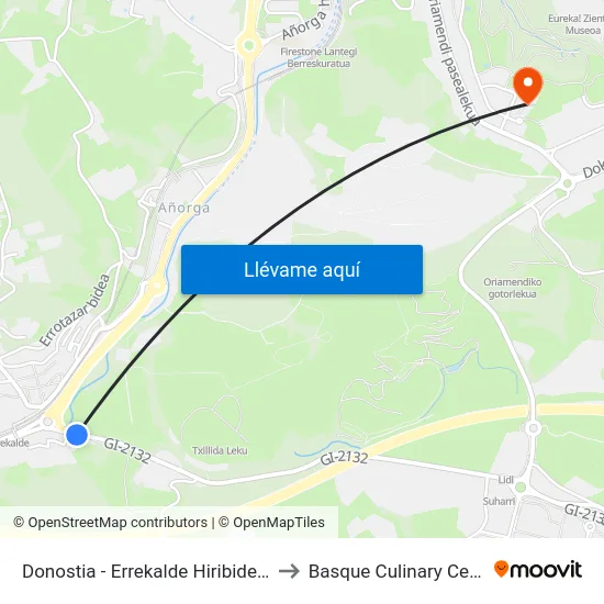 Donostia - Errekalde Hiribidea 21 to Basque Culinary Center map