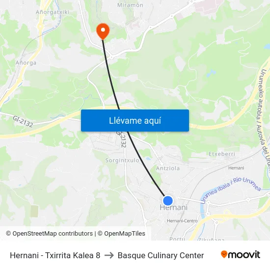 Hernani - Txirrita Kalea 8 to Basque Culinary Center map