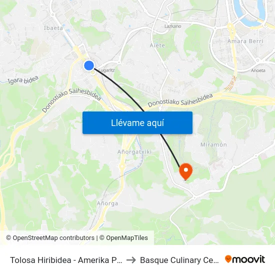 Tolosa Hiribidea - Amerika Plaza to Basque Culinary Center map