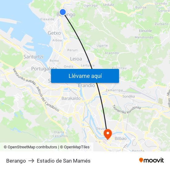 Berango to Estadio de San Mamés map