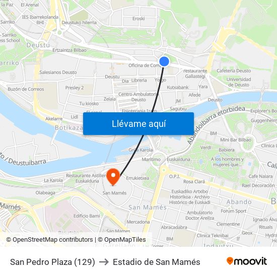 San Pedro Plaza (129) to Estadio de San Mamés map