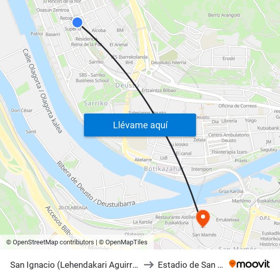San Ignacio (Lehendakari Aguirre 140) (132) to Estadio de San Mamés map