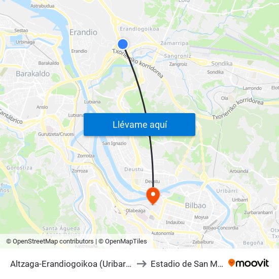 Altzaga-Erandiogoikoa (Uribarri) (207) to Estadio de San Mamés map