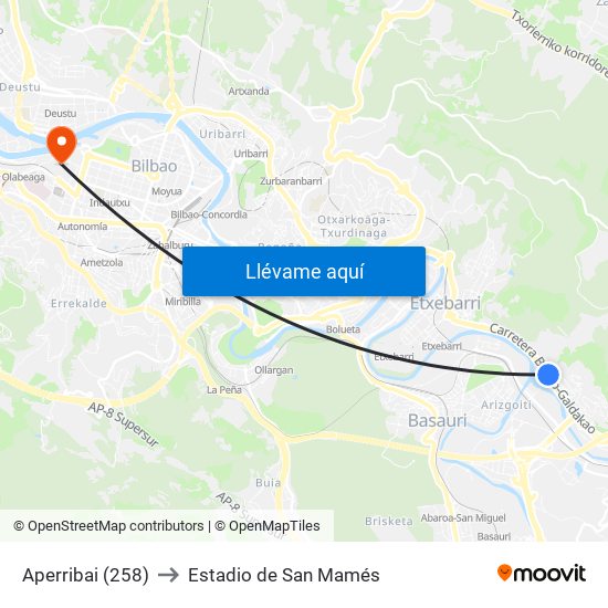 Aperribai (258) to Estadio de San Mamés map