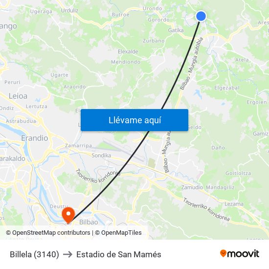 Billela (3140) to Estadio de San Mamés map