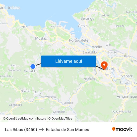 Las Ribas (3450) to Estadio de San Mamés map