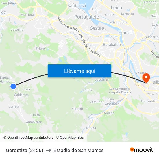 Gorostiza (3456) to Estadio de San Mamés map