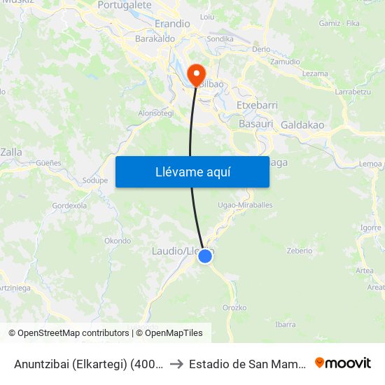 Anuntzibai (Elkartegi) (4008) to Estadio de San Mamés map