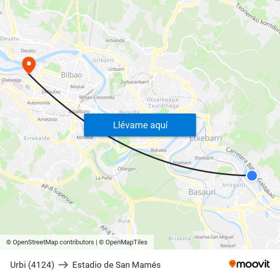 Urbi (4124) to Estadio de San Mamés map