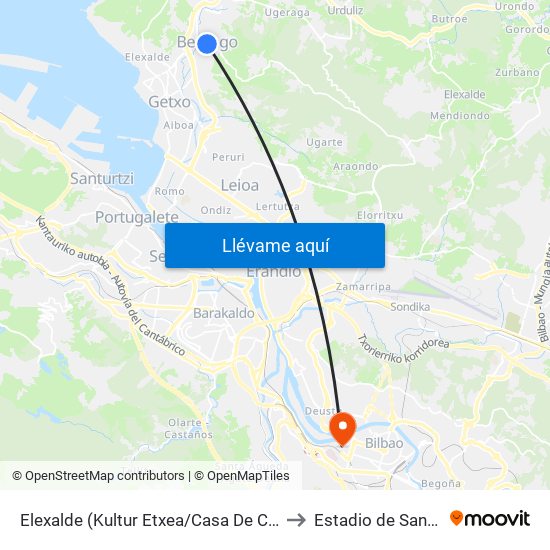Elexalde (Kultur Etxea/Casa De Cultura) (4195) to Estadio de San Mamés map