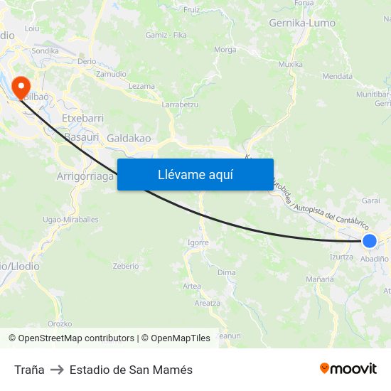 Traña-Abadiño to Estadio de San Mamés map