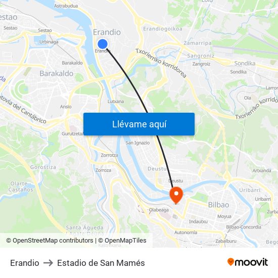 Erandio to Estadio de San Mamés map
