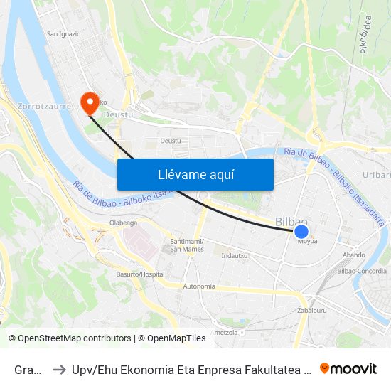 Gran Vía 37 to Upv / Ehu Ekonomia Eta Enpresa Fakultatea / Campus De Economía Y Empresa (Sarriko) map