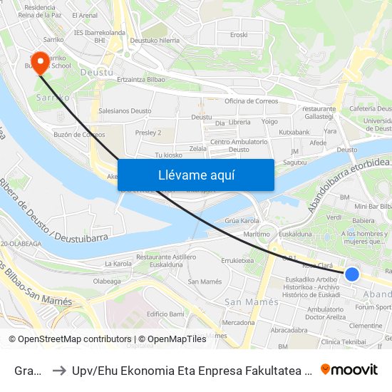 Gran Vía 63 to Upv / Ehu Ekonomia Eta Enpresa Fakultatea / Campus De Economía Y Empresa (Sarriko) map