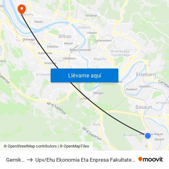 Gernika 8 Abaro to Upv / Ehu Ekonomia Eta Enpresa Fakultatea / Campus De Economía Y Empresa (Sarriko) map