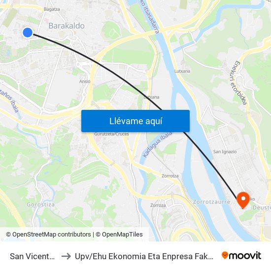 San Vicente Anteiglesia Plaza to Upv / Ehu Ekonomia Eta Enpresa Fakultatea / Campus De Economía Y Empresa (Sarriko) map