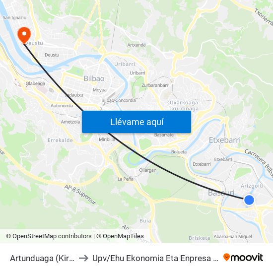 Artunduaga (Kiroldegia/Polideportivo) (297) to Upv / Ehu Ekonomia Eta Enpresa Fakultatea / Campus De Economía Y Empresa (Sarriko) map