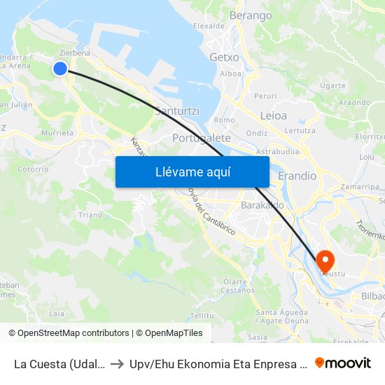 La Cuesta (Udaletxea/Ayuntamiento) (1073) to Upv / Ehu Ekonomia Eta Enpresa Fakultatea / Campus De Economía Y Empresa (Sarriko) map