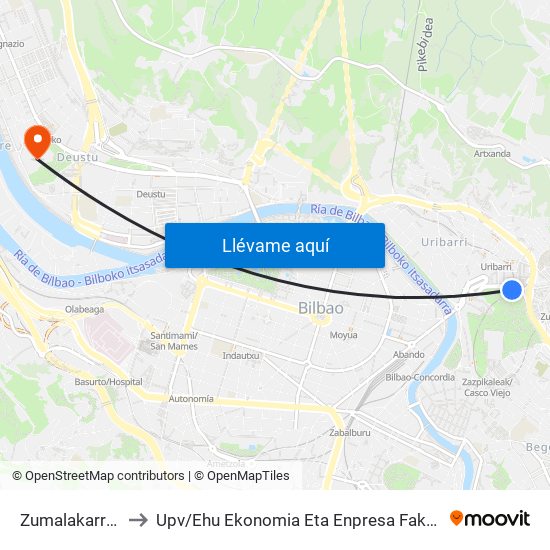 Zumalakarregi (Panera) (1757) to Upv / Ehu Ekonomia Eta Enpresa Fakultatea / Campus De Economía Y Empresa (Sarriko) map