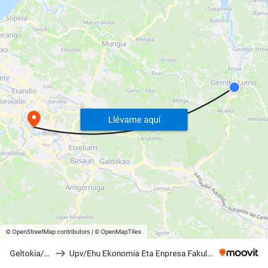 Geltokia/Estación (1800) to Upv / Ehu Ekonomia Eta Enpresa Fakultatea / Campus De Economía Y Empresa (Sarriko) map