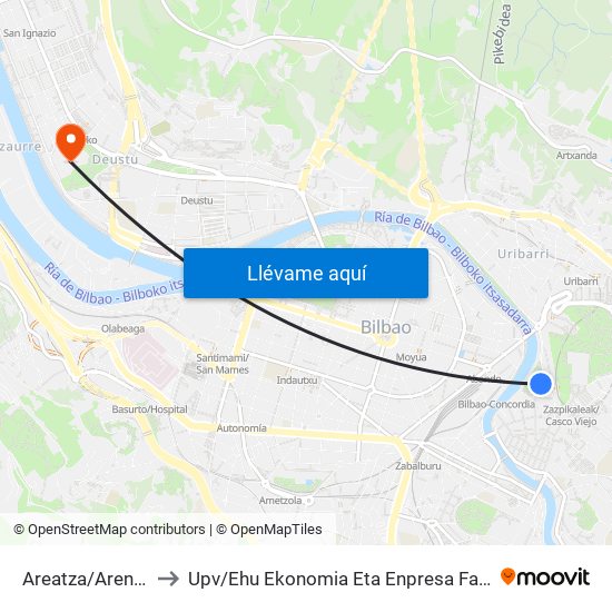 Areatza/Arenal (San Nikolas) (2576) to Upv / Ehu Ekonomia Eta Enpresa Fakultatea / Campus De Economía Y Empresa (Sarriko) map