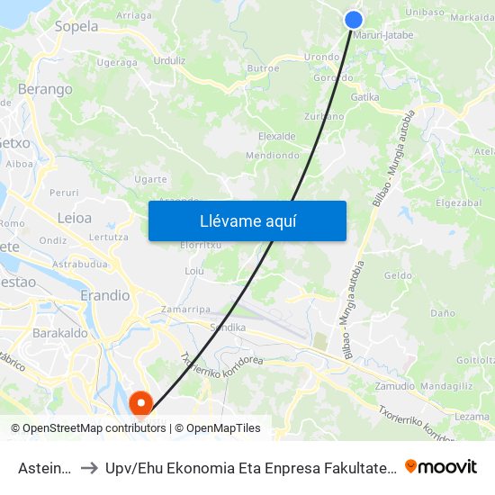 Asteintza (3123) to Upv / Ehu Ekonomia Eta Enpresa Fakultatea / Campus De Economía Y Empresa (Sarriko) map