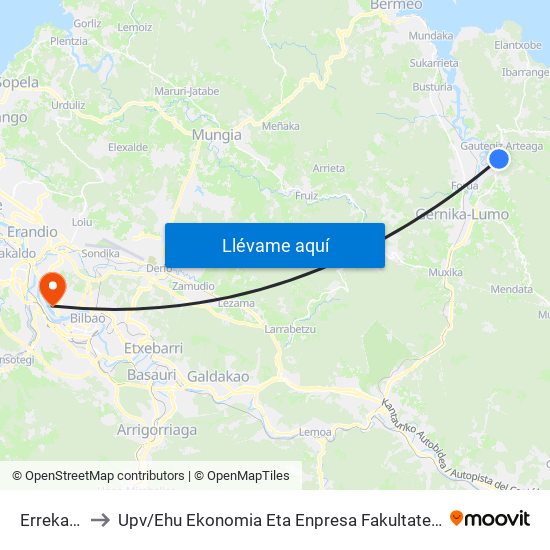 Errekalde (3942) to Upv / Ehu Ekonomia Eta Enpresa Fakultatea / Campus De Economía Y Empresa (Sarriko) map