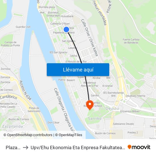 Plaza Levante to Upv / Ehu Ekonomia Eta Enpresa Fakultatea / Campus De Economía Y Empresa (Sarriko) map