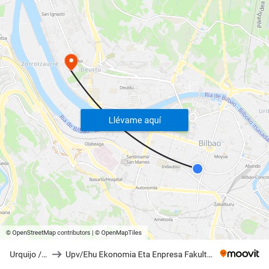 Urquijo  / Plaza Bizkaia to Upv / Ehu Ekonomia Eta Enpresa Fakultatea / Campus De Economía Y Empresa (Sarriko) map