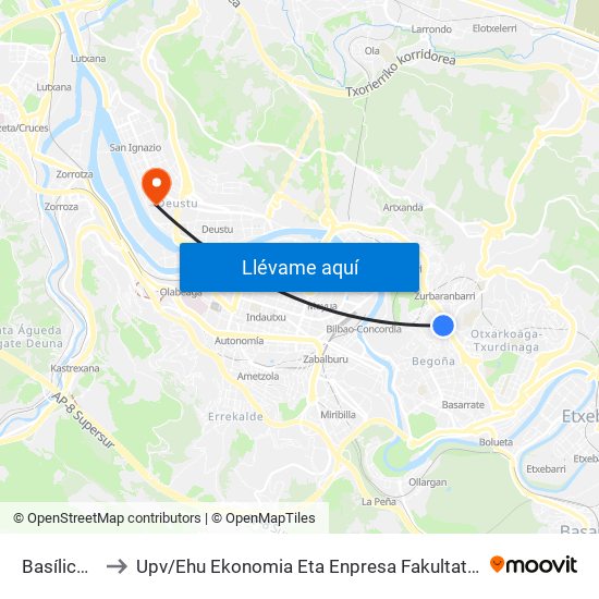 Basílica De Begoña to Upv / Ehu Ekonomia Eta Enpresa Fakultatea / Campus De Economía Y Empresa (Sarriko) map