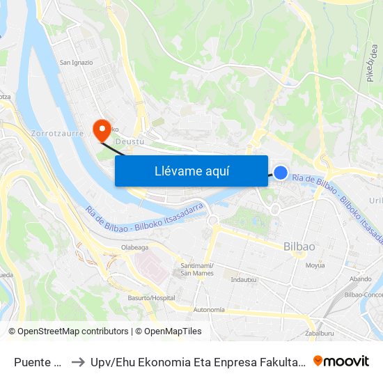 Puente Pedro Arrupe to Upv / Ehu Ekonomia Eta Enpresa Fakultatea / Campus De Economía Y Empresa (Sarriko) map