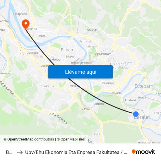 Basauri to Upv / Ehu Ekonomia Eta Enpresa Fakultatea / Campus De Economía Y Empresa (Sarriko) map