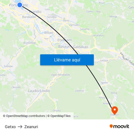 Getxo to Zeanuri map
