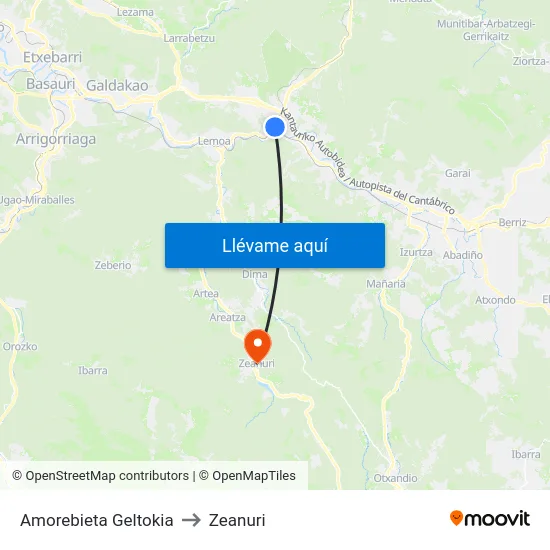 Amorebieta Geltokia to Zeanuri map