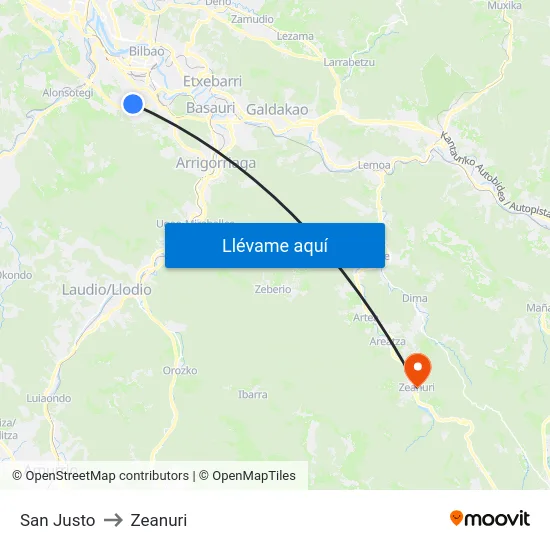 San Justo to Zeanuri map
