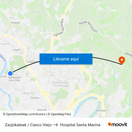 Zazpikaleak / Casco Viejo to Hospital Santa Marina map
