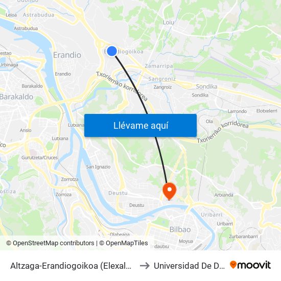 Altzaga-Erandiogoikoa (Elexalde) (227) to Universidad De Deusto map