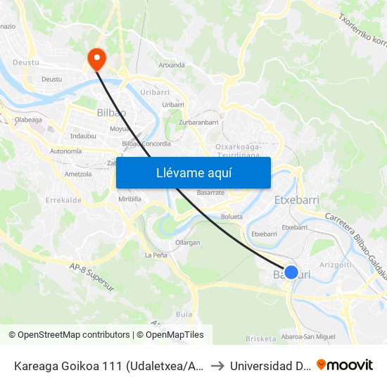 Kareaga Goikoa 111 (Udaletxea/Ayuntamiento) (281) to Universidad De Deusto map