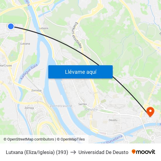 Lutxana (Eliza/Iglesia) (393) to Universidad De Deusto map