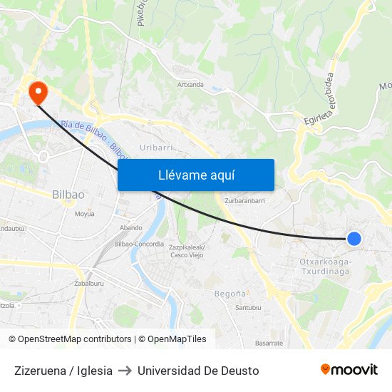 Zizeruena / Iglesia to Universidad De Deusto map