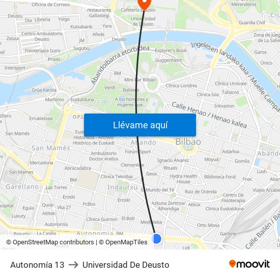 Autonomía 13 to Universidad De Deusto map