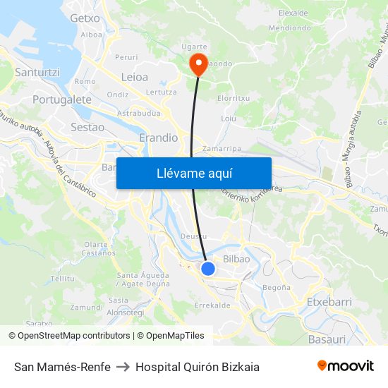 San Mamés-Renfe to Hospital Quirón Bizkaia map