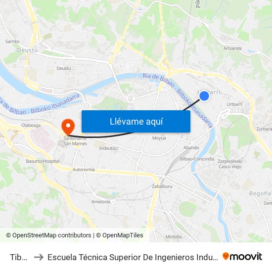 Tiboli 12 to Escuela Técnica Superior De Ingenieros Industriales De Bilbao - Edificio C map