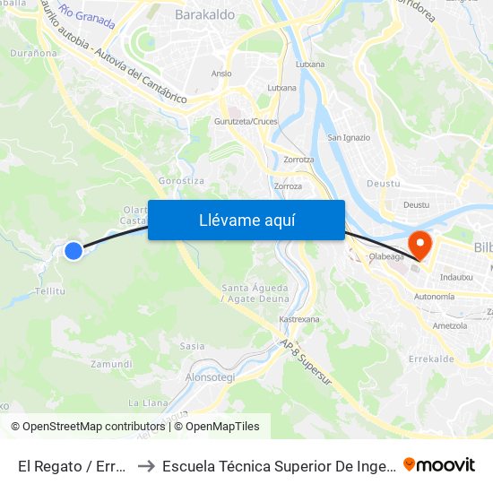 El Regato / Errekatxo Eliza / Iglesia to Escuela Técnica Superior De Ingenieros Industriales De Bilbao - Edificio C map