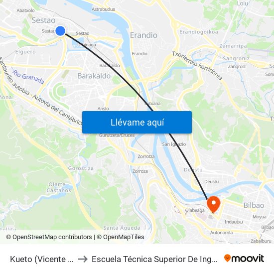 Kueto (Vicente Blasco Ibáñez) (385) to Escuela Técnica Superior De Ingenieros Industriales De Bilbao - Edificio C map
