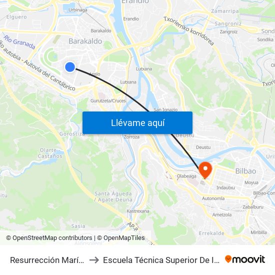 Resurrección María Azkue 34 (La Ronda) (581) to Escuela Técnica Superior De Ingenieros Industriales De Bilbao - Edificio C map